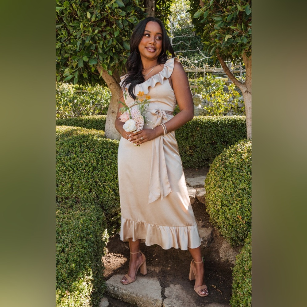 Show Me Your MuMu Alexis Midi Dress Small Champagne Luxe Satin - Picture 2 of 14